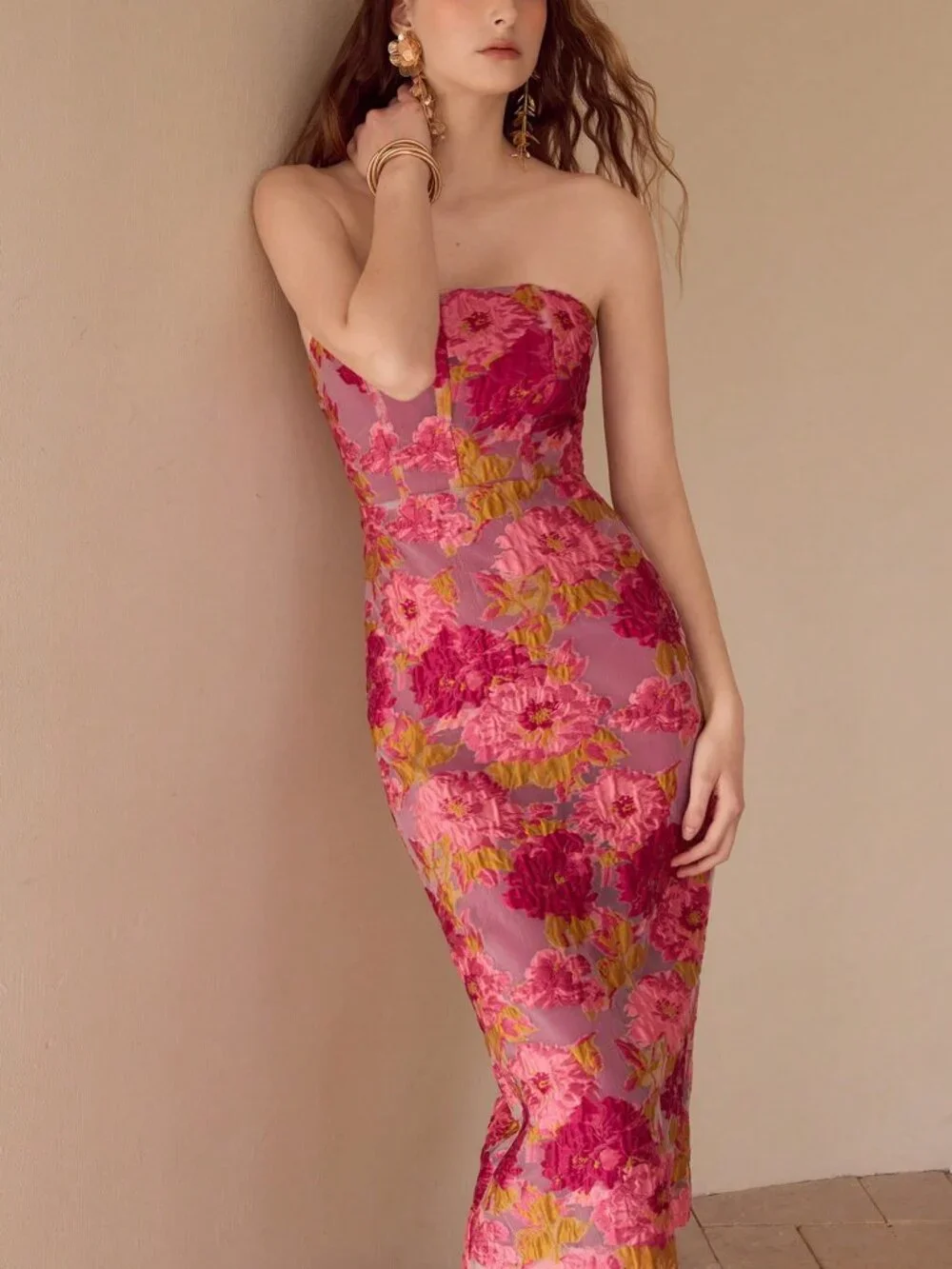 Pink Women's Premium Floral Jacquard Tube midi Dress - Picture 5 of 6
